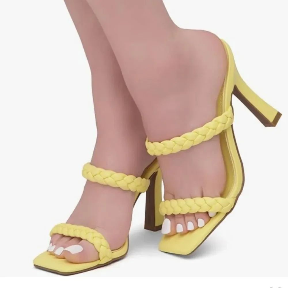 NEW SHOE LAND SL-MILEY SQUARE OPEN TOE HEELED DOUBLE BRAIDED STRAP SLIDE SANDAL